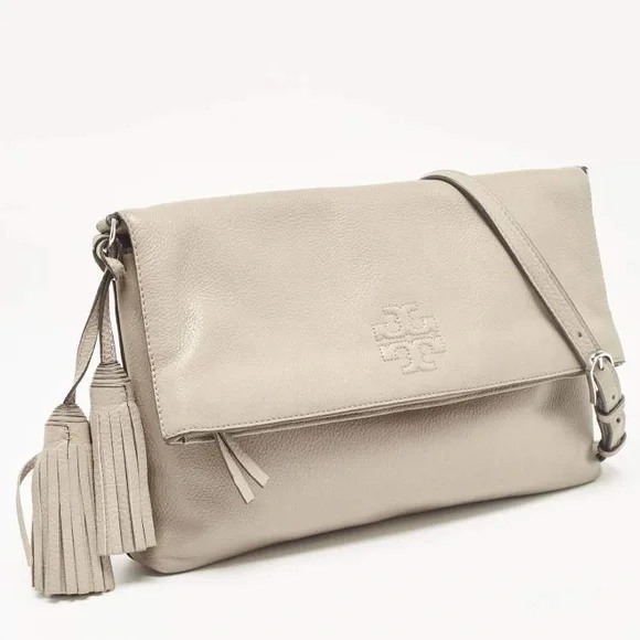 Tory Burch Thea Fold-Over Beige Pebbled Leather Crossbody Bag - Picture 1 of 8